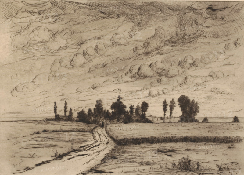Landscape with stormy cloudy sky, print, The Lion of Waterloo is visible in the background., printmaker: Jules Marie Armand Goethals (signed by artist), 1854 - 1879, paper, etching, intaglio printmaking technique, drypoint, plate tone and drypoint, height 230 mm x width 310 mm, landscapes, road, path, Waterloo, A horizontal ink drawing of a landscape showing a wide sky filled with many billowing clouds rendered in varied contour and hatch lines above a flat expanse of fields and a distant line of trees; a narrow winding dirt path cuts from the foreground toward the tree line where a small solitary figure stands, and along the horizon clusters of tall, slender trees and denser groves rise against the sky, with shaded areas indicating grassy and marshy ground and fine linear textures marking furrows and low vegetation.