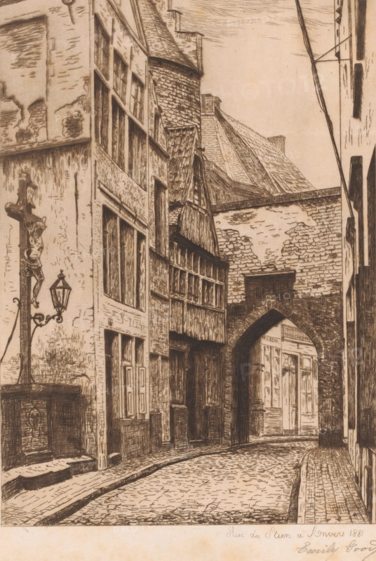 View of the Steenstraat in Antwerp, Rue du Steen a Anvers, print, check stamp: 'Antwerpsche Etsers 1880', printmaker: Emily Good (signed by artist), 1881, paper, etching, intaglio printmaking technique, height 251 mm x width 182 mm, A narrow cobbled street flanked by tall, closely spaced buildings with visible brick and timber textures winds toward a dark arched passage. On the left, a façade shows large multi-pane windows and worn plaster with patches of exposed brick, and a sculpted crucifix figure mounted near an ornate wrought-iron street lamp above a stone basin. Further along, overhanging gabled roofs with detailed shingles and exposed wooden beams project over the street. The right side features tall walls with narrow windows and vertical lines suggesting shutters or beams, and a raised narrow pavement runs along the curb. The scene is rendered in fine engraved lines with strong crosshatching, creating tonal variation and architectural detail.