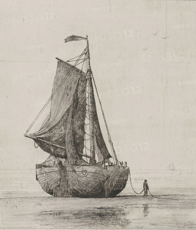 Fishing boat on the beach of Katwijk, print, Next to the boat a sailor carrying the anchor chain., printmaker: Alphonse Stengelin (signed by artist), 1862 - 1910, paper, etching, aquatint, etching and aquatint, height 327 mm x width 291 mm, coast, sailing-ship, sailing-boat, commercial fishery, sea, Katwijk (South Holland), A detailed black and white line drawing of a large sailboat grounded on a shoreline, seen from the stern with the hull facing forward and the mast rising high with rigging and a small flag at its top, a furled sail hanging from the spars with visible stitching and folds, ropes and pulleys connecting the sail to the boat, textured wood planking on the hull and carved fittings at the stern, a figure standing on the sand beside the boat holding a long rope that trails from the vessel, calm water in front with subtle reflections and ripples, a distant small sailboat on the horizon, and a few birds drawn in the sky above against a lightly textured background.