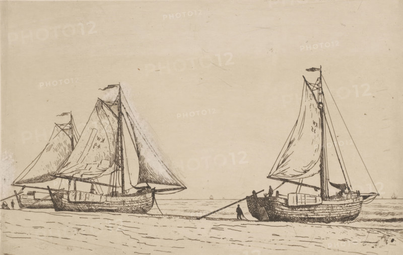 Three fishing boats on the beach of Katwijk, print, printmaker: Alphonse Stengelin, 1862 - 1910, paper, etching, intaglio printmaking technique, etching with plate tone in brown, height 175 mm x width 269 mm, beach, sailing-ship, sailing-boat, commercial fishery, sea, Katwijk (South Holland), A sepia-toned line drawing of two sailboats resting on a shoreline, each with tall masts and billowing sails, rigging lines and spars sketched in fine dark strokes; the boat on the left shows a large triangular sail with visible folds and a smaller boat partially obscured behind it, while the boat on the right has a prominent mainsail and a curved hull with planks indicated by parallel lines, figures standing near the stern and along the shore connected to the boats by ropes, a calm sea line in the background with tiny distant vessels, and a broad expanse of empty sky above.