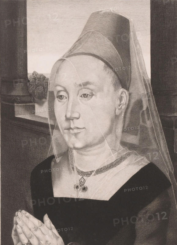 Portrait of Barbara van Vlaendenbergh, print, annotation: '3em Etat', annotation: 'La femme du Bourgemestre de Bruges d'apres Memling par L. Greuze', printmaker: Louis Joseph Greuse (signed by artist), Bergen (Belgium), after design by Hans Memling, 1885-06-12, Louis Joseph Greuse, Hans Memling, printmaker, after design by, paper, chine collé, etching, engraving, height 282 mm x width 200 mm, Person, Barbara van Vlaendenbergh, historical persons - BB - woman, A grayscale portrait of a woman shown from the chest up, wearing a dark square-necked garment and a translucent veil over her head and shoulders, with a tall headdress beneath the veil; she has a calm, neutral facial expression with downcast eyes and slightly pursed lips, and she is wearing a braided necklace with a pendant; her hands are shown clasped together in front of her; the background includes a window ledge with a small potted plant and architectural elements with linear shading.