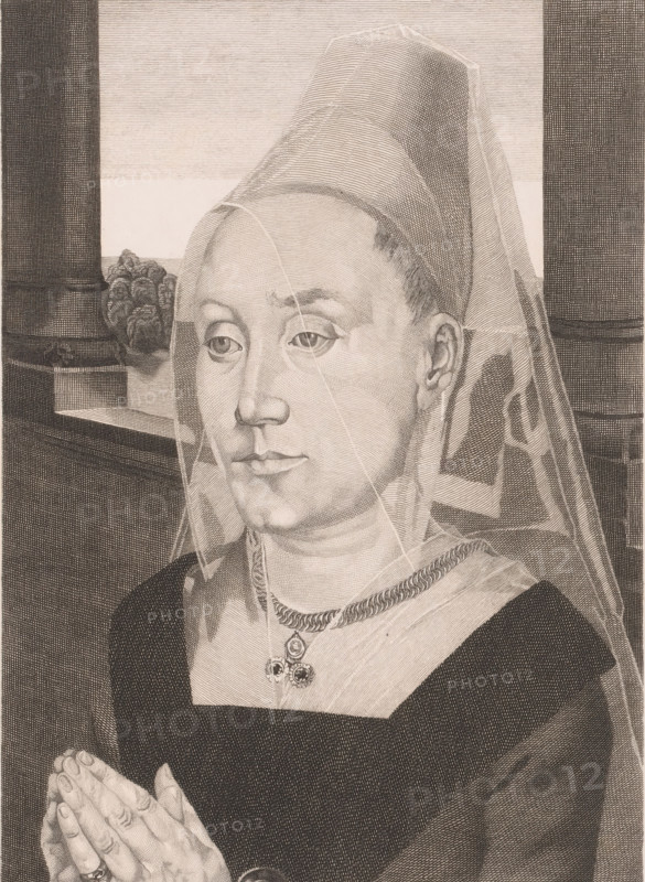 Portrait of Barbara van Vlaendenbergh, print, annotation: 'La femme du Bourgemestre de Bruges d'apres Memling par L. Greuze', annotation: '1er Etat', printmaker: Louis Joseph Greuse (signed by artist), Bergen (Belgium), after design by Hans Memling, 1885-04-25, Louis Joseph Greuse, Hans Memling, printmaker, after design by, paper, chine collé, etching, engraving, height 282 mm x width 200 mm, Person, Barbara van Vlaendenbergh, historical persons - BB - woman, A detailed monochrome engraving of a woman shown from the chest up, wearing a tall headdress and a translucent veil that drapes over her face and shoulders, with a calm facial expression and downcast eyes; she wears a square-necked dark garment with a light-colored underdress, a braided necklace and a pendant with decorative elements, and her hands are clasped together in front of her; architectural elements frame the background, including a window sill with a potted plant and a column, rendered with fine cross-hatching and linear...