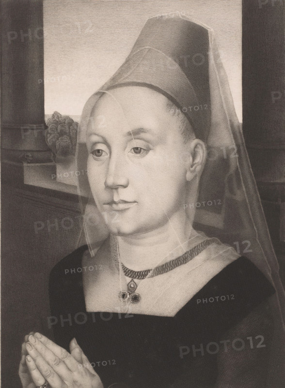 Portrait of Barbara van Vlaendenbergh, print, annotation: 'La femme du Bourgemestre de Bruges d'apres Memling par L. Greuze', printmaker: Louis Joseph Greuse (signed by artist), after design by Hans Memling, 1885, Louis Joseph Greuse, Hans Memling, printmaker, after design by, paper, chine collé, etching, engraving, height 282 mm x width 200 mm, Person, Barbara van Vlaendenbergh, historical persons - BB - woman, A grayscale portrait of a woman shown from the chest upward, wearing a tall headdress with a translucent veil draped over her head and shoulders, a dark square-necked garment, and a braided necklace with a pendant featuring three round elements; her hands are held together in front of her with visible fingernails and a ring on one finger; behind her is a window with a ledge and a small potted plant, and parts of a wall or column frame the scene.