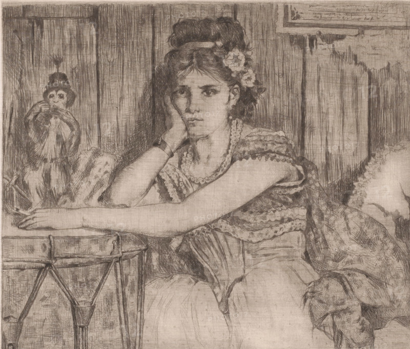 Sitting young woman with a circus monkey, print, annotation: '1st state', printmaker: Fr. van Groeningen (signed by artist), 1884, paper, etching, intaglio printmaking technique, height 223 mm x width 278 mm, Date of death of printmaker unknown. Therefore, the date of acquisition has been used to determine the rights to this object., adolescent, young woman, maiden, monkeys (circus performance), A young woman sits with her head resting on one hand and her elbow on a surface, wearing a patterned dress with decorative trim and beaded necklaces, with flowers pinned in her hair and a headband; her expression is neutral and her gaze is forward. To her left a small clown-like doll with a pointed hat sits behind her, and in front of her on the surface is a drum with visible drumsticks and a stand. The background shows vertical wooden paneling and a framed rectangular object on the wall, and fabrics with folds and ruffles appear around the seated figure.