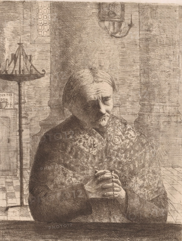 Praying woman with rosary in a church, print, annotation: '6th Edition', printmaker: Fr. van Groeningen (signed by artist), 1850 - 1910, paper, etching, intaglio printmaking technique, height 281 mm x width 220 mm, Since the artist's date of birth and death are unknown, the acquisition date has been used for the determination of rights regarding this object., old woman, interior of church, saying the rosary, An elderly woman with a lined face and center-parted hair sits with her hands clasped, draped in a patterned shawl, positioned in front of a stone column and a textured wall; to her side a tall candle stand with multiple candles is visible, and a window with small panes and a hanging lamp appear in the background.