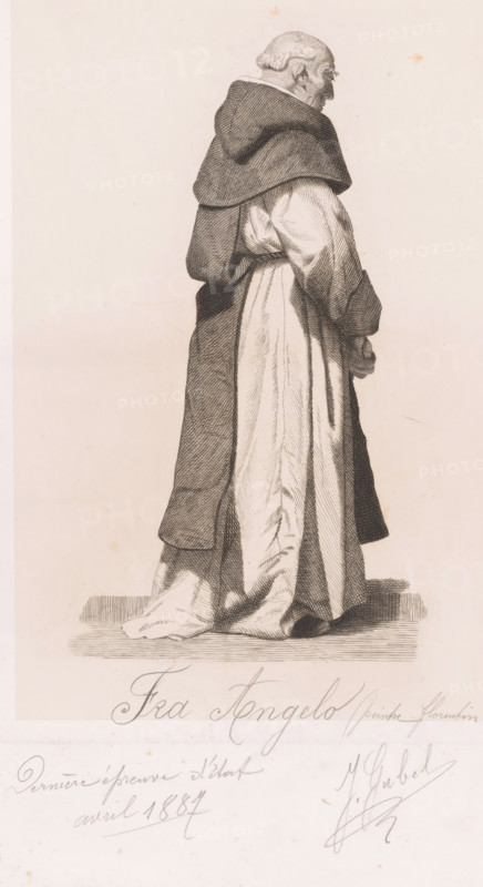Fra Angelo (peintre Florentin), Portrait of Fra Angelico, print, annotation: 'Derniere épreuve d'état', printmaker: J. Gubel (signed by artist), 1887-04, J. Gubel, printmaker, paper, chine collé, etching, height 299 mm x width 198 mm, date of death of printmaker unknown. Therefore, the acquisition date has been used to determine the rights to this object., Person, Fra Angelico, historical persons, A monochrome drawing of an elderly man in a full-length robe and hooded cloak viewed in profile facing right, standing with hands folded at his front; the robe has long flowing drapery and textured shading, the cloak is darker with cross-hatched shading and a folded hood at the back of his head; the man's head is balding with short hair at the sides and a prominent nose and chin; he stands on a shaded base that suggests a floor, and there is cursive script and signatures visible below the figure on a pale background.