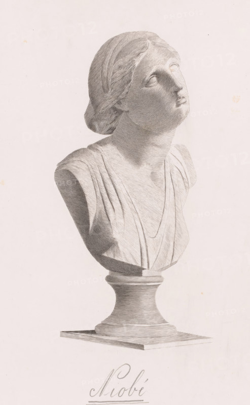Bust of Niobe, Niobé, print, annotation: 'Epreuve achevée', printmaker: J. Gubel (signed by artist), 1887-04, paper, etching, height 301 mm x width 194 mm, (story of) Niobe, A grayscale engraved bust of a woman on a pedestal, shown from the chest upward with a turned and upward-tilted head, hair pulled back and styled, eyes gazing upward, and draped clothing with visible folds and textured shading, all rendered with fine parallel and cross-hatched lines against a plain light background.