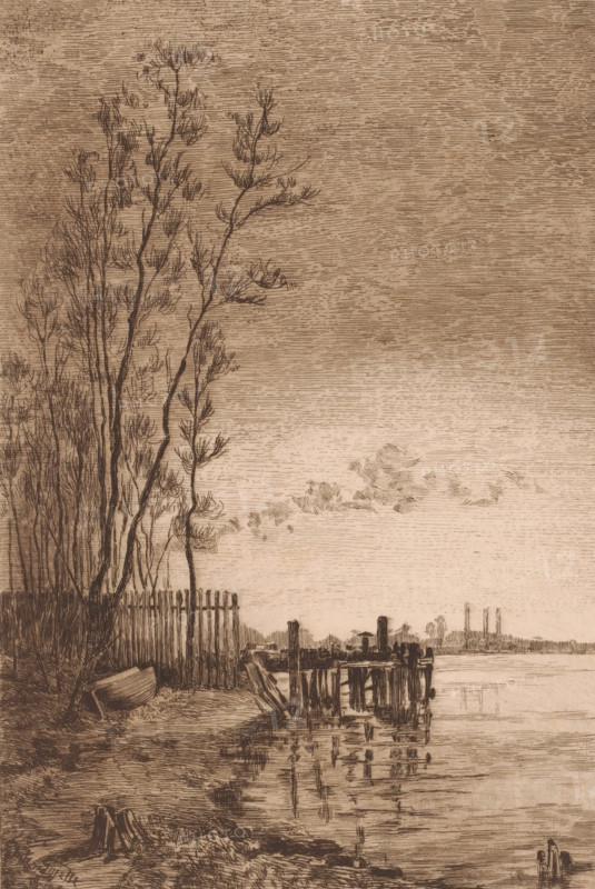 Pier in a river, print, workshop stamp: 'Antwerpsche Etsers 1880', annotation: 'embarcadere de Burcht (?)', printmaker: Jules Guiette (signed by artist), 1862 - 1901, paper, etching, intaglio printmaking technique, height 279 mm x width 199 mm, pier, quay, wharf, A sepia-toned etching showing a riverside scene with tall, slender trees clustered on the left, their bare branches and fine twigs drawn in delicate lines; a rough wooden fence runs along the bank near a small overturned rowboat resting on the ground; a wooden pier with posts and crossbeams extends into calm water, its reflected posts visible on the water surface; distant low buildings and industrial stacks sit along the far shore beneath a sky marked by horizontal line work and a few wispy clouds.
