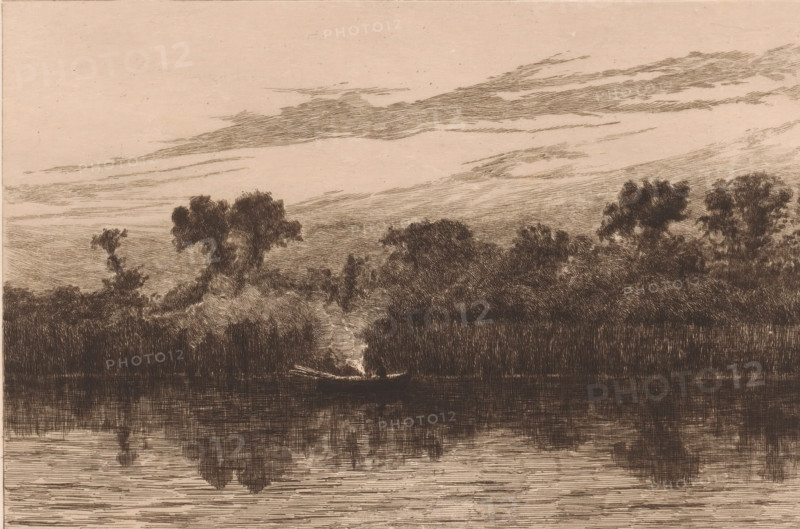 Rowing boat in a lake at twilight, print, annotation: 'Le soir (?) au bord de l'eau', workshop stamp: 'Antwerpsche Etsers 1880', printmaker: Jules Guiette (signed by artist), 1862 - 1901, Jules Guiette, printmaker, paper, etching, drypoint, intaglio printmaking technique, height 199 mm x width 280 mm, rowing-boat, canoe, lake, dusk, evening twilight, A wide horizontal scene rendered in tones of brown and beige shows a calm body of water in the foreground with horizontal line shading and faint reflections. Along the water’s edge a dark, dense band of vertical and crosshatched strokes forms a treeline with irregular crowns and textured foliage. A small, low boat sits near the center of the composition on the water, with smoke or steam rising from it in a pale, wispy column that contrasts with the darker surroundings. Above the treeline, layered horizontal strokes create a broad sky with elongated cloud formations and subtle tonal variations. The overall image is composed of fine, linear ...