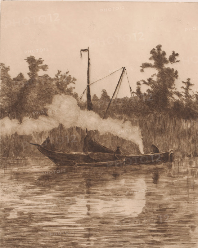 Two boats in a canal, print, annotation: 'I', printmaker: Jules Guiette, 1862 - 1901, paper, etching, intaglio printmaking technique, height 318 mm x width 237 mm, sailing-ship, sailing-boat, water course, A sepia-toned scene shows a small boat on calm water with a plume of smoke rising from its center, a seated figure partly obscured by the smoke, and a second smaller boat alongside; behind them a shoreline with tall grasses and dense, leafy trees forms a dark silhouette, interrupted by a tall, thin mast with rigging and a small flag at its top, and reflections of the boat and smoke ripple on the water's surface.