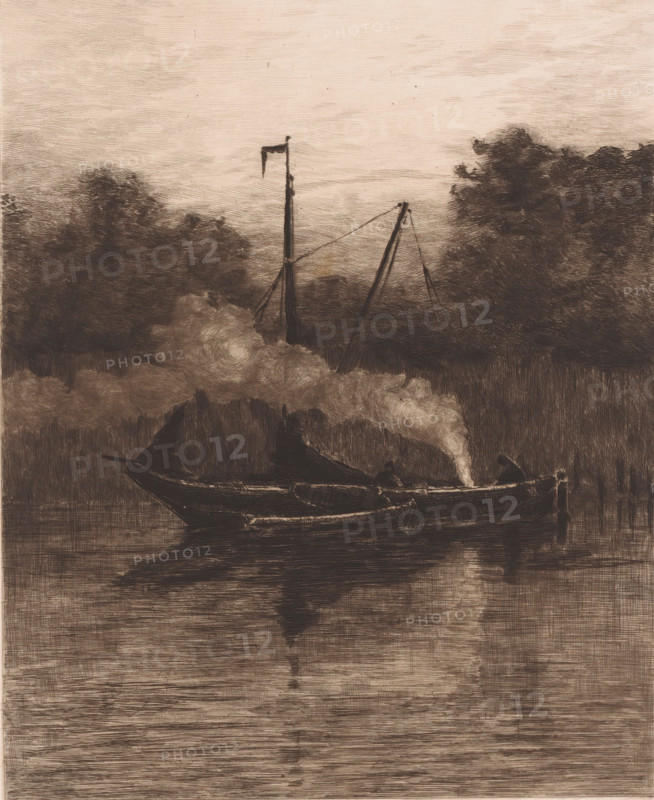 Two boats sailing, print, annotation: 'III', printmaker: Jules Guiette, 1862 - 1901, paper, etching, intaglio printmaking technique, height 318 mm x width 236 mm, sailing-ship, sailing-boat, water course, A dark-toned image showing a small boat on calm water with smoke rising from its center, the boat's hull reflected in the water below. Two tall masts rise behind the boat, thin rigging lines angled between them, and a small tattered flag hangs from the taller mast. Dense, textured foliage frames the scene in the background on either side, and a softly lined sky fills the upper portion of the image. The overall composition uses fine, linear shading and crosshatching to render shadows and reflections.