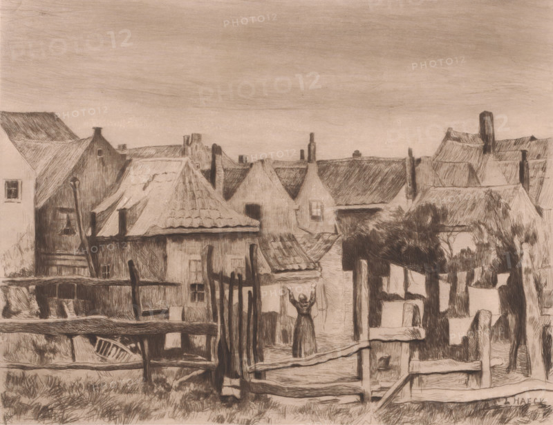Near a village, a woman hangs laundry on a line, print, printmaker: Léopold Haeck, 1878 - 1910, paper, chine collé, etching, intaglio printmaking technique, height 191 mm x width 238 mm, hanging the wash to dry, prospect of village, silhouette of village, A sepia-toned drawing of a village scene showing a row of pitched and tiled rooftops with visible chimneys and textured shading, buildings with small windows and doors, wooden fences and posts in the foreground, an open gate, a narrow pathway between houses, a figure standing with arms raised near the center, rough grass and ground at the bottom, a pergola-like structure with leafy vines to the right, and a broad sky above.