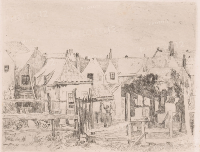 Near a village, a woman hangs laundry on a line, print, annotation: '1st state', printmaker: Léopold Haeck, 1878 - 1910, paper, etching, intaglio printmaking technique, height 191 mm x width 238 mm, hanging the wash to dry, prospect of village, silhouette of village, A pencil sketch showing a row of closely packed houses with pitched roofs and visible chimneys, rooflines forming a jagged horizon beneath a large empty sky; in the foreground there are wooden fences and posts, rough textured walls, a gate, and a small figure with raised arms standing near the center; scattered windows and doors appear on the buildings, and a cluster of trees or dense foliage is drawn to the right, all rendered with fine, crosshatched lines and delicate shading.