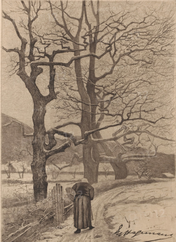 Winter landscape with old woman on a path to a village, print, annotation: '1er Prise Paysage', printmaker: Maurice Hagemans, 1862 - 1910, paper, etching, drypoint, intaglio printmaking technique, height 276 mm x width 199 mm, road, path, winter, human activities (the four seasons of the year), A monochrome scene shows bare, gnarled trees with twisting trunks and many thin branches filling the upper area, their bark and branch textures rendered with fine lines; a person wearing a long coat and a hooded or headscarfed head is walking away along a winding dirt path, carrying a round basket in one hand and holding the fence with the other; a rough wooden split-rail fence and low shrubs run alongside the path, and distant low hills and sparse trees appear in the background beneath a subtly textured sky.