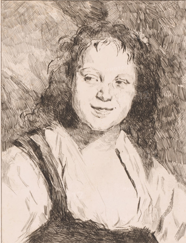 Portrait of an unknown young woman, print, printmaker: Fritz Hanno (signed by artist), after design by Frans Hals, c. 1880 - c. 1905, paper, etching, proof print, height 256 mm x width 196 mm, Proof print of a mirror-image copy of the painting by Frans Hals also known as The Gypsy Girl. Date of death of printmaker unknown. Therefore, the acquisition date has been used to determine the rights to this object., wandering communities: Romani or Roma, anonymous historical person portrayed alone - BB - woman, A sepia-toned ink portrait of a smiling person with curly dark hair, visible shoulders and upper torso, and a light-colored garment draped around the neck; the face is turned slightly to the side with relaxed eyes and a faint smile, hair rendered with dense crosshatching and loose curls, the background filled with varied hatch marks and textured lines, and the lower area showing softer, sketchy strokes suggesting clothing and shadow.