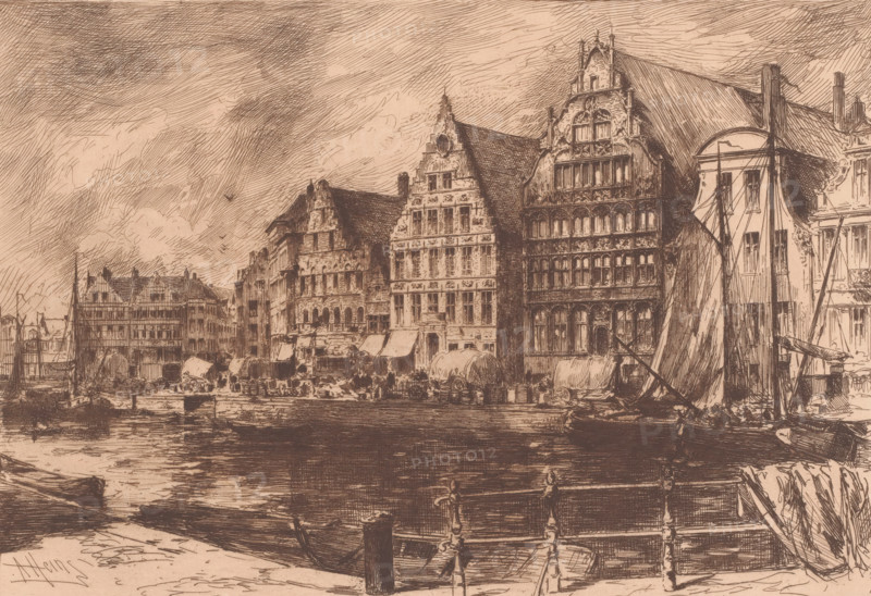 View of the quay in Ghent (former title), Graslei in Ghent, Un Quai à Gand, print, printmaker: Armand Heins, 1866 - 1910, paper, etching, intaglio printmaking technique, etching with plate tone, height 200 mm x width 277 mm, canals, waters (in city), city-view, and landscape with man-made constructions, Ghent, A sepia-toned etching shows a waterfront scene with a row of ornate multi-story buildings featuring stepped gables and decorative facades lining the quay. In front of the buildings are awnings, carts, and small figures suggesting market activity. Several sailboats and masts are moored along the water's edge, with a prominently furled sail on a vessel at the right. The water in the foreground reflects the boats and buildings. A railing with posts runs along the near side of the quay, and clouds and textured sky fill the upper part of the image.