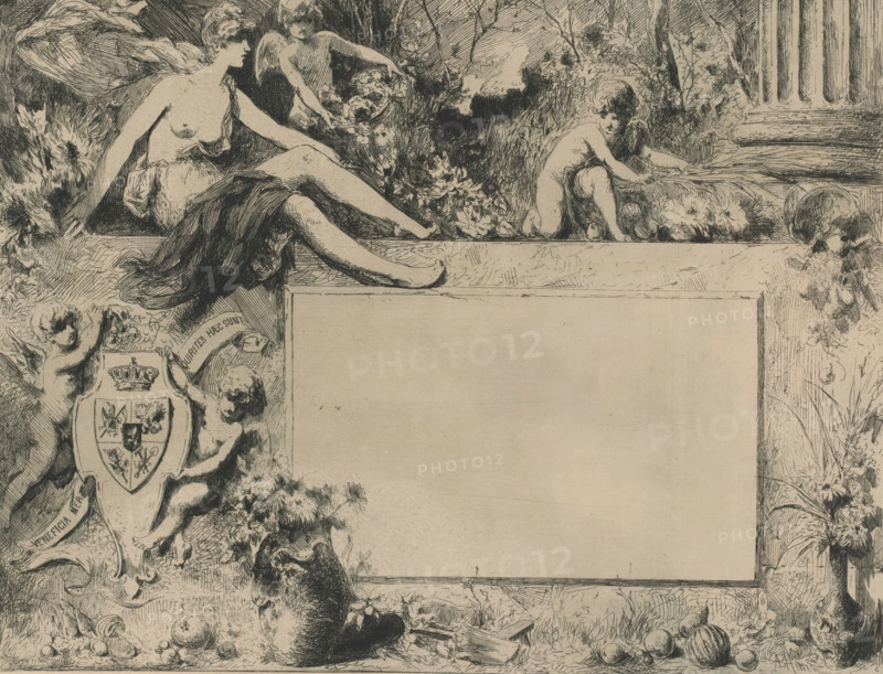 Diploma with female figure and putti with flowers, print, diploma, printmaker: Armand Heins, 1866 - 1910, paper, etching, intaglio printmaking technique, etching with plate tone in gray, height 215 mm x width 278 mm, flowers, cupids: 'amores', 'amoretti', 'putti', adolescent, young woman, maiden, A detailed ink drawing showing a reclining female figure draped with cloth seated on an elevated ledge, with a winged child offering flowers behind her and another child kneeling beside foliage. Decorative floral clusters and leafy plants surround the central figures, with a large blank rectangular panel occupying the middle of the composition. Two cherubic children hold a heraldic shield beneath the ledge, and ornamental ribbons and small fruits or round objects litter the lower border. A column and more vegetation appear at the right edge, and fine crosshatching and line work fill the background and frame.