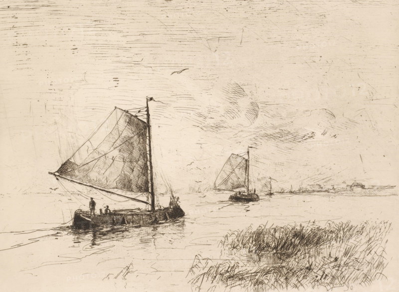 Two sailing ships on the water with the coastline in the background, print, printmaker: Frans Hens, 1890, paper, etching, intaglio printmaking technique, etching with plate tone, height 236 mm x width 318 mm, sailing-ship, sailing-boat, landscapes with waters, waterscapes, seascapes (in the temperate zone), A sepia-toned sketch of a waterscape featuring several sailboats, with a large boat in the foreground showing a tall mast and a furled triangular sail, a few figures standing and sitting on its deck, and reflections in the water beneath. In the midground two smaller sailboats with raised sails are visible, one nearer and one farther away, both with hulls sitting low on the water. The background shows a low shoreline with indistinct buildings and structures along it. The sky is filled with fine, horizontal hatch marks and scattered short strokes suggesting clouds or wind, and the lower right corner contains dense, scribbled vegetation along the water’s edge.