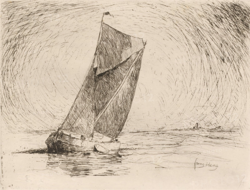 Sailing ship with coastline in the background, print, printmaker: Frans Hens, 1866 - 1910, paper, etching, intaglio printmaking technique, etching with plate tone, height 179 mm x width 235 mm, sailing-ship, sailing-boat, landscapes with waters, waterscapes, seascapes (in the temperate zone), A sketched scene of a sailboat leaning with its large sail filled and textured by crosshatched lines, the hull and bow detailed with dense strokes and resting near a small dinghy alongside, reflected rippling lines in the water beneath, a distant low shoreline with a small structure on it, and a sky filled with swirling, radiating scratchy marks surrounding the sail.