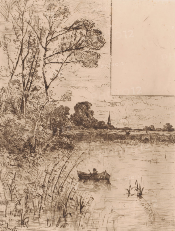 Man in a rowing boat at the setting sun, print, printmaker: Louis Adolphe Jacobs, 1865 - 1910, paper, etching, drypoint, intaglio printmaking technique, height 271 mm x width 209 mm, sunset, rowing-boat, canoe, landscape with tower or castle, A sepia-toned etching shows a waterside scene with tall, thin trees on the left whose branches and leaves are sketched with fine, hatched lines, a river or lake stretching to the right, reeds and grasses rising from the foreground water, and a small rowboat carrying two seated figures near the center of the image. In the middle distance a cluster of darker trees stands on the far bank and a slender pointed steeple rises behind them, while the sky is marked with horizontal hatch strokes and faint cloud shapes. The image includes a large blank pale rectangular area in the upper right and the overall composition features delicate cross-hatching and linear textures creating reflections and ripples on the water surface.