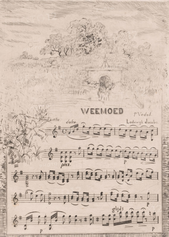 Landscape with a sluice, Melancholy, print, sheet music, printmaker: Louis Adolphe Jacobs, 1865 - 1910, composer (person in music), paper, etching, intaglio printmaking technique, height 267 mm x width 194 mm, Sheet music for fiddle. Probably a fragment of a longer piece., sluice, weir, A faded illustration combining a landscape sketch and musical notation occupies the page, with a softly hatched sky above a cluster of trees and rolling grassy land that leads down to a small arched stone bridge over calm water; the bridge and nearby foliage are rendered in fine, sketchy lines and reflected faintly in the water below. The lower portion of the page is filled with printed musical staves and notes, with clefs, staff lines, and various musical symbols arranged in horizontal rows, and some decorative foliage and grasses sketched along the left edge where the landscape and notation overlap. The overall palette is monochrome with delicate, sepia-toned ink lines and areas of light shading, givi...