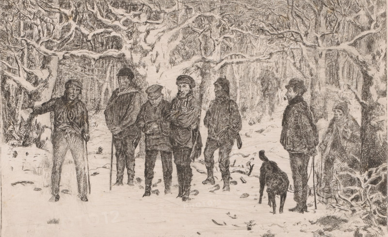 Group of hunters and beaters in a snowy forest, print, printmaker: Lambert Jacquelart, 1830 - 1910, paper, etching, intaglio printmaking technique, height 176 mm x width 274 mm, assembling, 'departure for the hunt', beaters (, hunt), A monochrome drawing shows a snowy forest scene with a group of people standing on a snow-covered path beneath leafless, heavily branched trees. The figures wear winter clothing including coats, hats, and scarves; some lean on walking sticks while others stand with hands in pockets or folded. A dog stands near one person and a second dog is visible farther back. The trees dominate the background with dense, textured bark and intertwining branches, and the ground is marked with footprints, small patches of grass, and scattered twigs. The overall image is rendered with fine, crosshatched pen or etching lines, creating detailed textures on clothing, tree trunks, and snow.