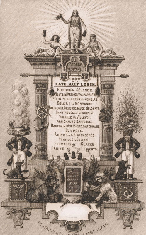 Architectural framing with dogs and figures, Menu for Société de la Kate Half Losch, print, menu card, Menu in a triumphal arch topped with three female figures. Attributes of the arts hang from the columns. Several dogs are seated by the cartouche at the bottom., printmaker: Louis Jaugey, Brussels, 1876, printer (person), paper, etching, intaglio printmaking technique, etching with plate tone, height 273 mm x width 173 mm, Menu for the Sociète de la Kate Half Losch at restaurant Café Américain., dog, fantastic architecture, unrealistic architectural fantasies, A vertical engraved illustration showing a central ornate architectural structure with a tall framed panel held between two fluted columns topped by a classical pediment where two reclining female figures flank a standing robed female figure radiating lines like a halo; hanging from the top are tassels and ornamental shields, and a large decorative plaque fills the central panel. On each side of the base of the columns stand mal...