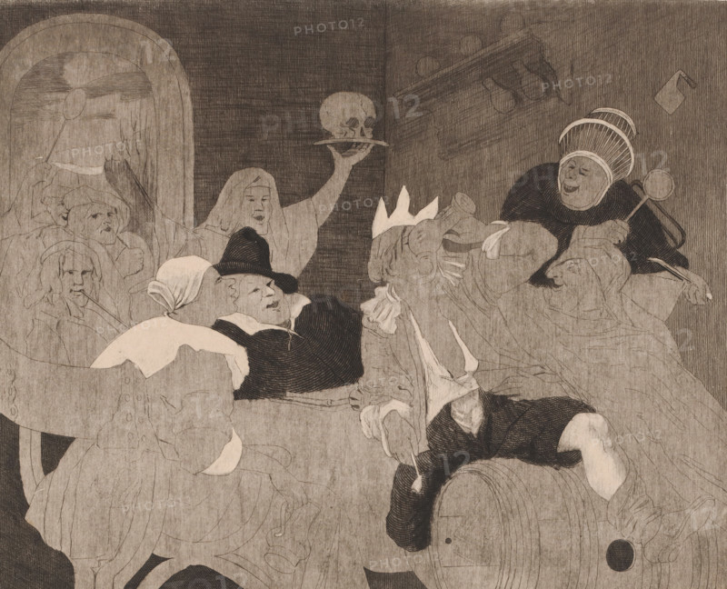 Festive company with a drinking man with a crown, Epiphany, print, printmaker: Louis Jaugey, after painting by Jan Havicksz. Steen, 1850 - 1899, paper, etching, intaglio printmaking technique, etching with plate tone, proof print, height 250 mm x width 304 mm, feasts of saints (and their relics), periodic celebrations, popular feasts, A group of people sits closely together in a dim interior, their clothes and faces rendered in delicate linework and muted tones. One figure in the center raises an arm holding a skull on a shallow dish, while another nearby wears a tall striped headdress and holds a round-tipped staff. Several seated figures lean against one another, some wearing head coverings and hats, one with a broad-brimmed hat tilted back and a relaxed expression. In the left background a rounded arch frames more faces, including one with a pipe. In the foreground a barrel serves as a seat for a reclining figure whose leg rests over its curve. The scene features layered textures of...