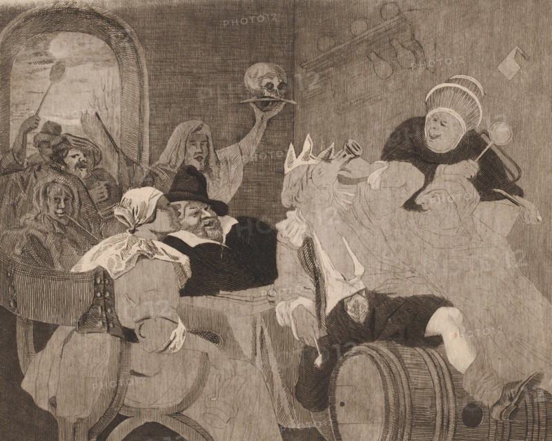 Festive company with a drinking man with a crown, Epiphany, print, printmaker: Louis Jaugey, after painting by Jan Havicksz. Steen, 1850 - 1899, paper, etching, intaglio printmaking technique, etching with plate tone, proof print, height 255 mm x width 304 mm, feasts of saints (and their relics), periodic celebrations, popular feasts, A crowded interior scene rendered in monochrome with crosshatching shows several figures gathered around a table and a bed. On the left, a group of people sit in a chair and on a bench, including a man with a wide-brimmed hat leaning back with closed eyes and a bearded man beside him; a woman with a headscarf faces away, another figure holds a long spoon up near an arched window opening. Toward the center, a hooded person raises an arm holding a platter with a skull on it. On the right, a person wearing a tall ribbed headdress leans over a bed, smiling, and holds a spoon-like object. A reclining figure on the bed has draped cloths and a tilted pot near th...