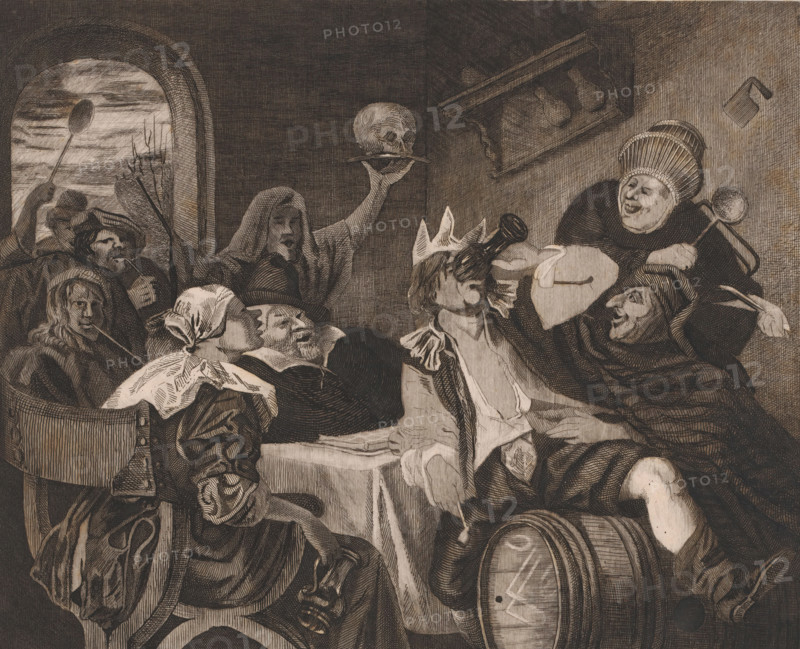 Epiphany, Festive company with a drinking man with a crown, print, printmaker: Louis Jaugey, after painting by Jan Havicksz. Steen, 1850 - 1899, paper, etching, intaglio printmaking technique, etching with plate tone, proof print, height 248 mm x width 303 mm, feasts of saints (and their relics), periodic celebrations, popular feasts, A crowded interior scene rendered in dark crosshatching shows several figures gathered around a table, many wearing hats or hoods and heavy draped clothing, with one figure holding a human skull aloft on a plate and another figure raising a ladle near an arched window; faces display varied expressions, some puckered or pursed, one wearing a tall ribbed headdress and smiling, another with a crown and a bottle tilted toward a face, while a figure at the lower right leans on a barrel and another at the lower left holds a cloth over a shoulder; a shelf with rounded objects is mounted on the wall and a small rectangular object hangs nearby, and folds of fabric...