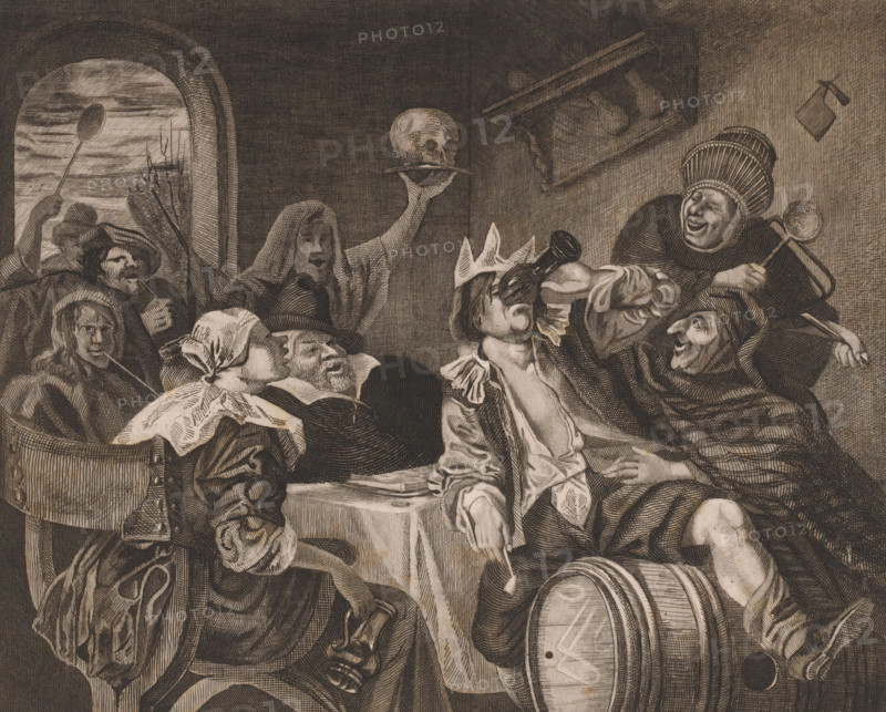 Festive company with a drinking man with a crown, La fête des rois, Epiphany, print, printmaker: Louis Jaugey, after painting by Jan Havicksz. Steen, 1850 - 1899, paper, etching, intaglio printmaking technique, etching with plate tone, height 254 mm, width 310 mm, feasts of saints (and their relics), periodic celebrations, popular feasts, A crowded interior scene rendered in detailed etching style showing a group of costumed figures gathered around a table and a barrel. Faces display varied expressions from laughter to surprise; one person wears a tall ribbed hat and holds a ladle, another wears a pointed paper crown and drinks from a bottle, while a hooded figure in the background raises a platter with a skull on it. Several figures wear caps or hoods and have cloths or ruffles at their collars, one holds a long spoon, and another reclines with a hand near their face. A doorway or window opens to an outside view with a raised arm holding a spoonlike object, and shelves with rounded ob...