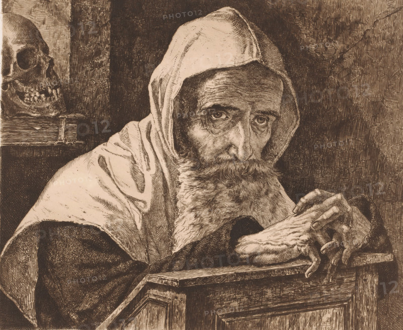 Old man with beard and hood sits with folded hands on a prayer stool, Prophet (former title), print, printmaker: Willem Geets, 1892, paper, etching, intaglio printmaking technique, etching with plate tone, height 240 mm x width 290 mm, head-gear, skull as symbol of 'Vanitas', old man, beard, kneeling-chair, A sepia-toned etching showing an older bearded man wearing a hooded robe, his face detailed with deep lines and heavy eyebrows, eyes looking forward; his hands rest on the edge of a wooden surface with visible grain and carved panels, fingers intertwined and knuckles prominent. To the left a human skull sits atop a stack of books. The background is textured with cross-hatched shading and vertical lines, and the robe and beard are rendered with dense, fine strokes.