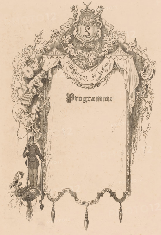 Program with frame with soldier, 1er Régiment de Ligne, print, program, Belgium, printmaker: Polynice Auguste Viette (possibly), c. 1850, paper, chine collé, etching, height 309 mm x width 230 mm, The '1er Régiment de Ligne' or '1st Line Regiment' is a Belgian army unit that was founded in 1830. This is a blank program for an activity of this regiment., the soldier, the soldier's life, An ornate vertical border with decorative drapery and a central empty panel framed by intricate floral scrollwork and acanthus leaves, cherubic figures playing drums and holding ribbons clustered along the left side, a crowned heraldic cartouche at the top flanked by ornamental foliage and small animal figures, a standing soldier in uniform holding a long rifle positioned near the lower left edge, scalloped edging with hanging tassels along the bottom, and fine crosshatching and stippling linework throughout on a pale parchment background.