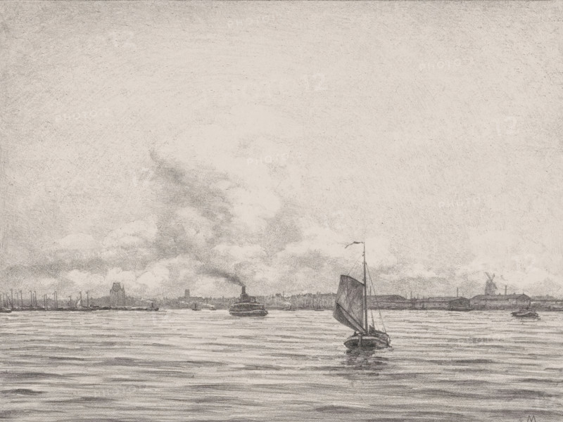 View of Rotterdam across the water, De Boompjes (original title), The Maas in Rotterdam (original series title), print, annotation: 'View of Rotterdam in front of the old Plantage', printmaker: Simon Moulijn (signed by artist), 1910, paper, chine collé, lithography, lithography on chine collé, height 474 mm x width 662 mm, sailing-ship, sailing-boat, prospect of city, town panorama, silhouette of city, Rotterdam, Maas, A wide riverscape drawn in soft grayscale shows a calm water surface with gentle horizontal ripples in the foreground and distant shoreline across the middle; a small sailboat with a tall mast and a triangular sail is centered near the front, its reflection visible on the water, while another steamer with a smokestack emitting a plume of smoke moves along the horizon; low clouds fill much of the sky above the shoreline, and faint outlines of buildings and vertical masts punctuate the distant coast.