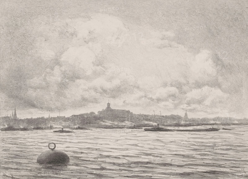 The Yacht Club Building (Westerkade and Yacht Club Building) (original title), View of Rotterdam from the water, The Maas in Rotterdam (original series title), print, annotation: 'Westerkade with Yacht Club Building', printmaker: Simon Moulijn (signed by artist), 1910, paper, chine collé, lithography, lithography on chine collé, height 474 mm x width 662 mm, prospect of city, town panorama, silhouette of city, Rotterdam, Maas, A wide riverscape rendered in soft grayscale shows a large expanse of rippling water in the foreground with a rounded buoy topped by a circular ring near the lower edge. Beyond the water, a low shoreline silhouette stretches across the middle ground with varied building shapes and a prominent hill crowned by a tower-like structure. Several slender masts and spires punctuate the skyline. Above, a vast sky fills most of the image with layered, billowing clouds rendered in textured tones, creating a sense of depth and atmosphere.