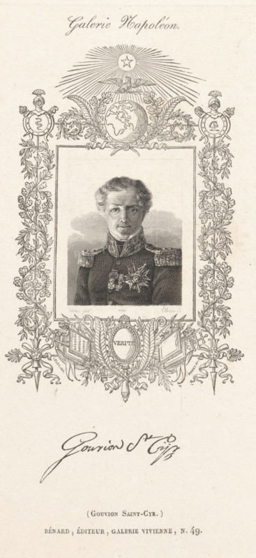 Gouvion St Cyr, Portrait of Laurent de Gouvion Saint-Cyr, Galerie Napoléon, Series of portraits of prominent persons under the reign of Napoleon Bonaparte, print, printmaker: Adèle Ethiou, France, printmaker: Auguste-François Alès Henri Porret, after painting by Vernet, after design by Jean-Charles-François Leloy, publisher: D. Bénard, Paris, 1815 - 1825, 1829 - 1830, paper, steel engraving, wood engraving, portrait is steel engraving, Cartouche is a wood engraving, printed from two plates, height 236 mm x width 154 mm. This portrait was part of the 'Galerie Napoléon' series, a collection of one hundred portraits of prominent figures from the circle of Napoleon Bonaparte. The series was published by Bénard in Paris in 1829-30. Person, Laurent de Gouvion Saint-Cyr, historical persons, ornament, cartouche, A vertically oriented engraved portrait shows a man dressed in a decorated military uniform with ornate shoulder epaulettes and medals on his chest, framed by an elaborate ornamental b...
