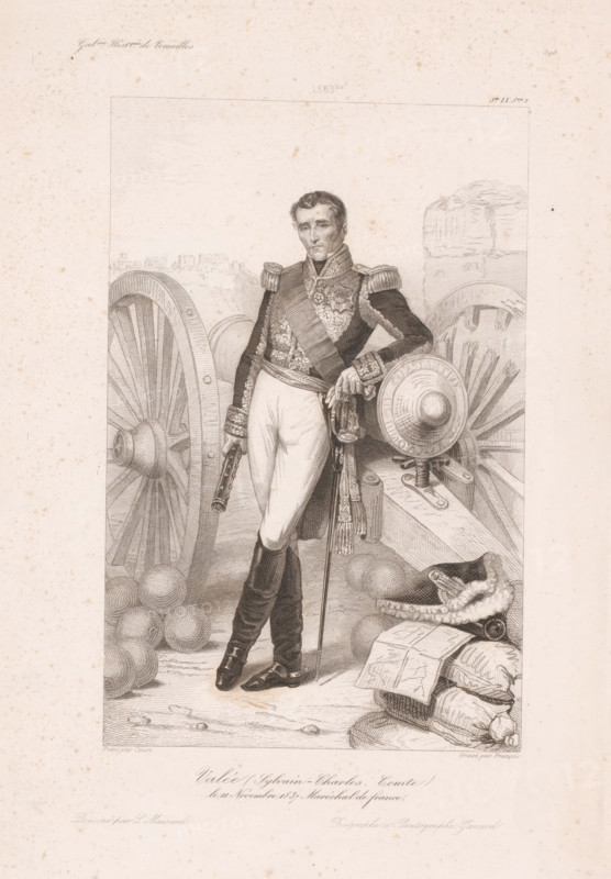 Valée (Sylvain-Charles. Comte), Sylvain Charles Valée leaning against a cannon, print, book illustration, printmaker: Alphonse François, France, after painting by Joseph Désiré Court, after drawing by Léopold Massard, publisher: Charles Gavard, Paris, 1838 - 1841, paper, steel engraving, height 269 mm x width 187 mm, A finely detailed engraved portrait shows a man in a decorated military uniform standing beside cannons and cannonballs, with large wooden wheels and a rocky backdrop; he wears epaulettes, a sash across his chest, fitted trousers, and riding boots, holding a pistol in one hand and a sword or cane in the other, while a plumed bicorn hat and rolled-up maps or sacks lie on the ground near stacked wooden beams and a mounted cannon wheel.