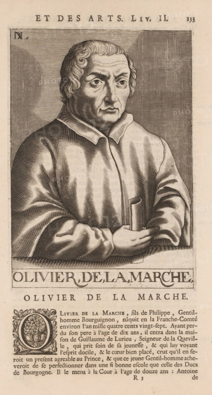 Portrait of Olivier de La Marche, print, book illustration, printmaker: Nicolas de Larmessin (I), publisher: François Foppens, Brussels, 1682, paper, engraving, letterpress printing, text in letterpress, height 187 mm x width 134 mm, height 335 mm x width 195 mm, Print used for: Bullart, Isaac. Académie des Sciences et Arts contenant les vie et éloges his. the people's illustrations show their excellence and their professions in their environment throughout their lives. Brussels: François Foppens, 1682. The book was also published in Amsterdam in 1682 by the heirs of Daniel Elzevier. Each portrait is an illustration accompanying the biography of an artist or scholar. Most of the portraits were produced by Nicolas de Larmessin (162), 93 by De Boulonois and a third by unidentified printmakers. This concerns an illustration on p. 133, part I., Person, Olivier de La Marche, historical persons, A sepia-toned engraved portrait of a middle-aged person shown from the chest up, facing slightly ...