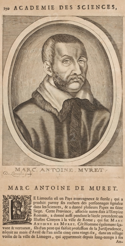 Marc, Antoine, Muret, Portrait of Muretus, print, book illustration, printmaker: Nicolas de Larmessin (I), publisher: François Foppens, Brussels, 1682, paper, engraving, letterpress printing, text in letterpress, height 182 mm x width 137 mm, height 320 mm x width 187 mm, Print used for: Bullart, Isaac. Académie des Sciences et Arts contenant les vie et éloges his. the people's illustrations show their excellence and their professions in their environment throughout their lives. Brussels: François Foppens, 1682. The book was also published in Amsterdam in 1682 by the heirs of Daniel Elzevier. Each portrait is an illustration accompanying the biography of an artist or scholar. Most of the portraits were produced by Nicolas de Larmessin (162), 93 by De Boulonois and a third by unidentified printmakers. This concerns an illustration on p. 190, part II., Person, Muretus, historical persons, scholar, philosopher, A sepia-toned engraved portrait of a man shown from the chest up inside an ova...
