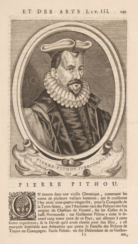 Portrait of Pierre Pithou, print, book illustration, printmaker: Nicolas de Larmessin (I), publisher: François Foppens, Brussels, 1682, paper, engraving, letterpress printing, text in letterpress, height 187 mm x width 138 mm, height 336 mm x width 193 mm, Print used for: Bullart, Isaac. Académie des Sciences et Arts contenant les vie et éloges his. the people's illustrations show their excellence and their professions in their environment throughout their lives. Brussels: François Foppens, 1682. The book was also published in Amsterdam in 1682 by the heirs of Daniel Elzevier. Each portrait is an illustration accompanying the biography of an artist or scholar. Most of the portraits were produced by Nicolas de Larmessin (162), 93 by De Boulonois and a third by unidentified printmakers. This refers to an illustration on p. 249, part I., Person, Pierre Pithou, historical persons, The image shows an engraved portrait of a man inside an oval frame wearing a high, ruffled collar and a hat wi...