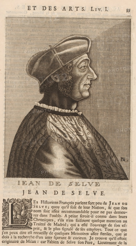 Portrait of Jean de Selve, print, book illustration, printmaker: Nicolas de Larmessin (I), publisher: François Foppens, Brussels, 1682, paper, engraving, stippelwerk, letterpress printing, engraving and stippling, letterpress text, height 191 mm x width 137 mm, height 314 mm x width 184 mm, Print used for: Bullart, Isaac. Académie des Sciences et Arts contenant les vie et éloges his. the people's illustrations show their excellence and their professions in their environment throughout their lives. Brussels: François Foppens, 1682. The book was also published in Amsterdam in 1682 by the heirs of Daniel Elzevier. Each portrait is an illustration accompanying the biography of an artist or scholar. Most of the portraits were produced by Nicolas de Larmessin (162), 93 by De Boulonois and a third by unidentified printmakers. This concerns an illustration on p. 35, part I., Person, Jean de Selve, historical persons, diplomacy, diplomat, A sepia-toned engraved portrait of a man shown in profil...