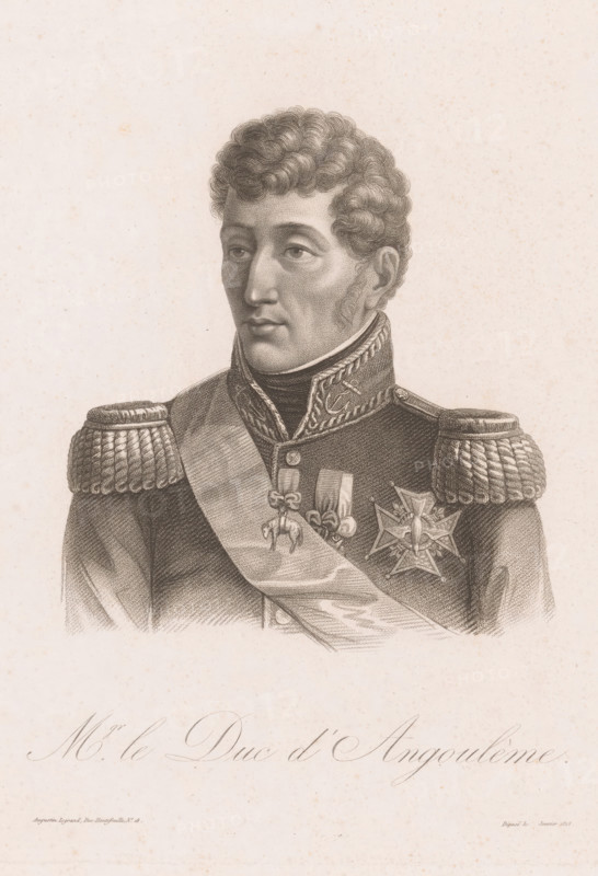 Mgr. le Duc d'Angoulème, Portrait of Louis Anton of Bourbon, Duke of Angoulème, Portraits after Vauthier, print, : 'Déposé le Janvier 1816.', printmaker: Auguste Claude Simon Legrand, France, publisher: Veuve Chereau, Paris, 1815 - 1817, Auguste Claude Simon Legrand, Veuve Chereau, printmaker, publisher, paper, stipple work, engraving, etching, height 291 mm x width 224 mm, Person, Louis Anton of Bourbon (Duke of Angoulême), historical persons, nobility and patriciate, chivalry, knighthood, A sepia-toned engraved portrait of a man shown from the torso up wearing a formal military uniform with ornate epaulettes, a high collar with decorative embroidery, a sash across his chest, and several medals and a star-shaped badge pinned to his coat; he has short curly hair, sideburns, and a composed facial expression while looking slightly to the viewer's left, set against a plain textured background.