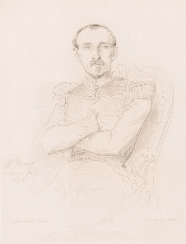 Portrait of Louis Eugène Cavaignac, G.al Cavaignac, print, printmaker: Léopold Massard, after drawing by Horace Vernet, 1843 - 1889, paper, chine collé, etching, roulette, etching and roulette on cream-colored chine collé, height 290 mm x width 222 mm, Person, Louis-Eugène Cavaignac, historical persons, A pencil sketch of a seated man shown from the torso upward wearing a military-style uniform with decorative epaulettes and a high collar; he has short hair, a mustache, and a small goatee, and his arms are folded across his chest while he sits in an ornately carved chair with visible curved armrests and upholstery tacks.