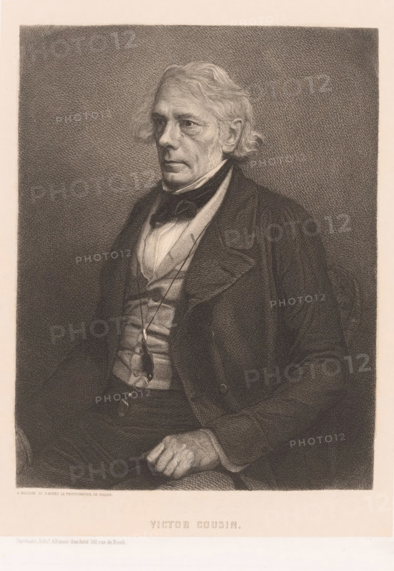 Portrait of Victor Cousin, Victor Cousin, print, printmaker: Alphonse Charles Masson, France, after photo by Félix Nadar, publisher: Marchant, Paris, 1849 - 1898, Félix Nadar, paper, chine collé, etching, stipple work, etching and stipple work on chine collé, height 279 mm x width 212 mm, Published in: l'Artiste, in or after 1849., Person, historical persons, scholar, philosopher, A seated older man shown from the waist up in a detailed monochrome portrait wearing a dark coat, waistcoat, high-collared shirt, and a bow tie, with wavy light-colored hair combed back and sideburns, a long pendant hanging from his neck, a folded hand resting on his lap, and a textured shaded background.