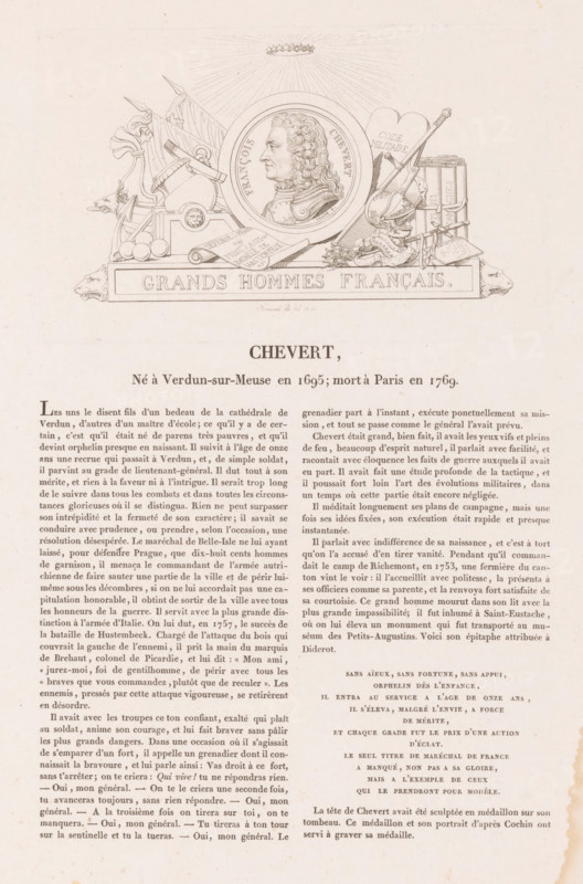 Portrait of François de Chevert, Chevert, Gallery of medals with French greats, Galerie métallique des grands hommes français, print, printmaker: Louis Marie Normand, Paris, after design by Armand Auguste Caqué, in or after 1821, paper, etching, letterpress printing, etching with letterpress text, height 102 mm x width 167 mm, height 357 mm x width 265 mm, Person, François de Chevert, historical persons, commander-in-chief, general, marshal, A printed page showing a central engraved vignette with a round medallion portrait of a man in profile surrounded by decorative military objects including a helmet, flags, cannonballs, drums, swords, a shield, and rolled documents, with a rectangular cartouche beneath the vignette containing raised lettering, and columns of printed text filling the lower portion of the page.