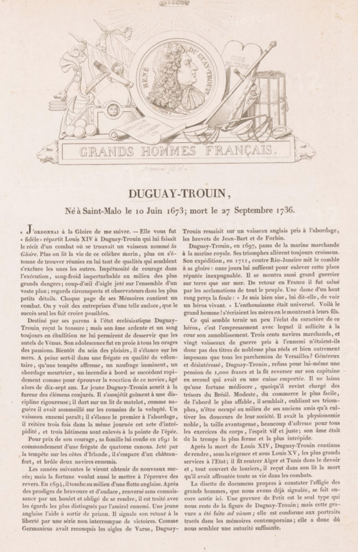 Portrait of René Duguay-Trouin, Duguay-Trouin, Gallery of medals with French greats, Galerie métallique des grands hommes français, print, printmaker: Louis Marie Normand, Paris, after design by Armand Auguste Caqué, in or after 1819, paper, etching, letterpress printing, etching with letterpress text, height 102 mm x width 168 mm, height 357 mm x width 251 mm, Person, René Duguay-Trouin, historical persons, ranks in the navy, pirate, corsair, buccaneer, The image shows a printed page with an ornate header featuring a circular portrait medallion of a man in profile surrounded by decorative objects including ropes, anchors, a cannon, a sheaf of documents, and a stack of books, all arranged above a rectangular plaque with carved lion heads at each end; below the header is a bold centered heading followed by dense columns of text in a serif typeface filling the lower portion of the page.