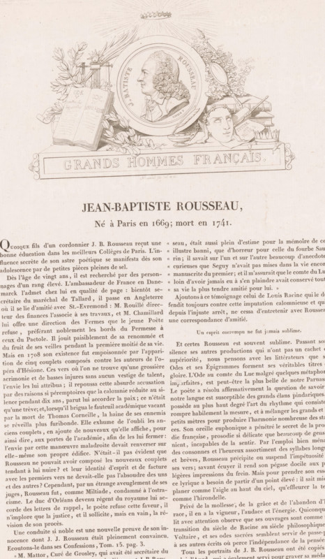 Portrait of Jean-Baptiste Rousseau, Jean-Baptiste Rousseau, Galerie métallique des grands hommes français, Gallery of medals with French greats, print, printmaker: Louis Marie Normand, Paris, after design by Mathias Nicolas Marie Vivier, in or after 1818, paper, etching, letterpress printing, etching with text in letterpress, height 102 mm x width 168 mm, height 351 mm x width 261 mm, Person, Jean Baptiste Rousseau (1669-1741), historical persons, portrait of a writer, A sepia-toned printed page showing a decorative engraved header with a central circular portrait of a man in profile framed by laurel leaves and floral motifs, flanked by an open book on one side and a sculpted theatrical mask and various objects on the other, all above a rectangular ornamental cartouche; below the header the page contains dense columns of printed text in a serif type, with narrow margins and an aged paper texture overall.