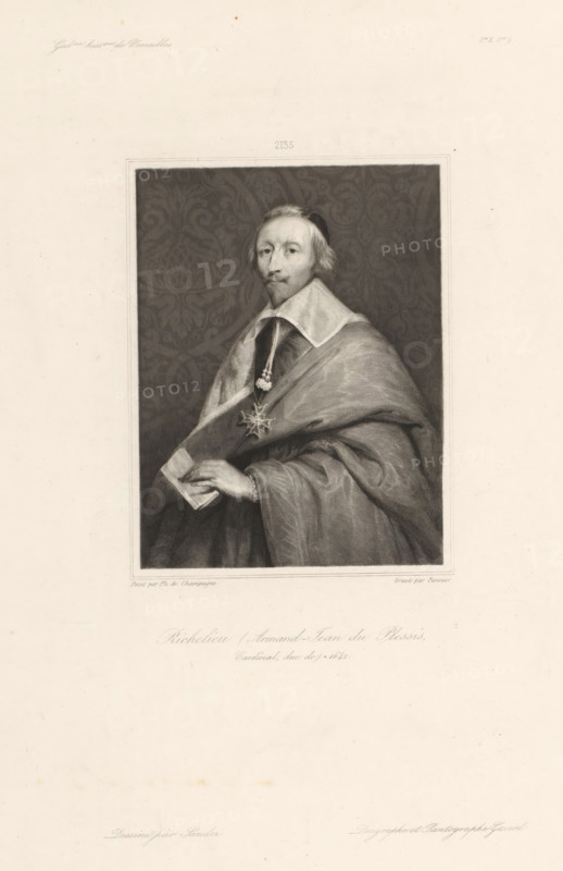 Richelieu (Armand-Jean du Plessis, Cardinal, duc de), Portrait of Armand-Jean du Plessis Duke of Richelieu, Historical Gallery of Versailles, Galeries historiques de Versailles, print, Top center numbered: 2135., printmaker: Jacques Etienne Pannier, after drawing by Auguste Sandoz, after painting by Philippe de Champaigne, publisher: Charles Gavard, Paris, 1812 - 1869, paper, chine collé, engraving, etching, height 318 mm x width 243 mm, Person, Armand-Jean du Plessis Duke of Richelieu, historical persons, cardinal, A monochrome engraved portrait of a seated man shown from the waist up set inside a darker rectangular frame against a pale background, the man wearing a large collar over layered robes and a draped cloak, a medallion on a ribbon and a star-shaped badge on his chest, his hair shoulder-length and parted, a trimmed mustache and small beard, his right hand holding a folded sheet, a patterned dark backdrop behind him and faint decorative text and lines visible on the pale margi...