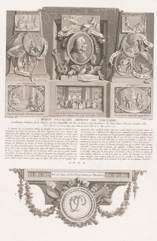 Allegorical portrait of Voltaire, Portraits of French historical figures, Les illustres français, ou tableaux historiques des grands hommes de la France, print, Series number, 2, 56, printmaker: Nicolas Ponce, after drawing by Clément Pierre Marillier, Paris, grantor of privilege: French crown, France, 1790 - 1816, paper, etching, engraving, height 337 mm x width 230 mm, Person, Voltaire, historical persons, portrait of a writer, A detailed engraved print showing a central framed bust portrait of a man in profile surrounded by decorative elements including a lyre, a quiver with arrows, and two birds, flanked by smaller oval and rectangular vignettes depicting various interior and outdoor scenes with groups of people, draped fabrics, and architectural elements; the top area features a decorative title cartouche and ornamental banners, while the lower portion contains a wide panel with a large interior scene of many figures and ornate borders, beneath which is a block of dense printed te...
