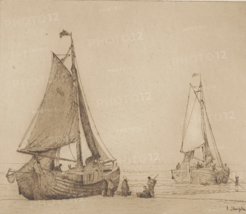 Fishing boats at Katwijk, print, Two boats on the beach of Katwijk, one lying on land and the other in the water., printmaker: Alphonse Stengelin (signed by artist), 1862 - 1910, paper, etching, intaglio printmaking technique, etching with plate tone in brown, height 238 mm x width 276 mm, beach, sailing-ship, sailing-boat, sea, A sepia-toned drawing of two sailboats near a shoreline, each boat with tall masts and billowing sails rendered in fine linework; the larger boat on the left shows detailed rigging and a furled lower sail, while the smaller boat on the right has a high mast and a partially lowered sail. Several small figures stand and sit on the beach between and beside the boats, some carrying or gathered around baskets, and one figure wades in shallow water. The horizon line is low and faint, and the sky area is mostly empty with subtle paper texture and light markings.